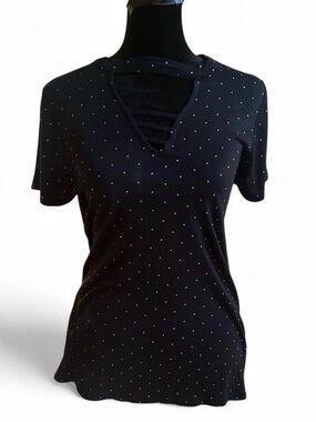 Jennifer Lopez Women's Black Polka Dot V-Neck Short Sleeve T-Shirt, XS